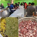 Volunteers preparing Iftar meals, showing large pots of rice and chopped meat, with one section of the image showing people packing food boxes for the needy, supported by crypto donations via ETH.