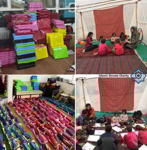 Stacks of colorful folders and bags in the top left. Children learning in a tent in the top right. Rows of school supplies in the bottom left. Children receiving instruction in the bottom right. Islamic Donate Charity supports education and relief efforts through crypto donations, including LTC.