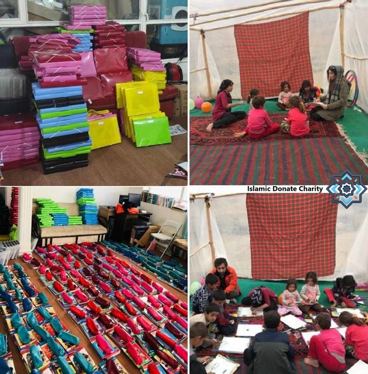 Stacks of colorful folders and bags in the top left. Children learning in a tent in the top right. Rows of school supplies in the bottom left. Children receiving instruction in the bottom right. Islamic Donate Charity supports education and relief efforts through crypto donations, including LTC.