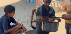 Children receiving relief in Gaza through crypto Zakat donations, featuring a boy eating and another receiving a ladle of food from a pot, supported by Monero.