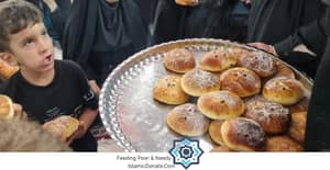 A young boy looks on as a tray of freshly baked rolls, dusted with powdered sugar, is offered. This scene depicts kaffarah fulfilling a need for food, with donations facilitated by USDe.