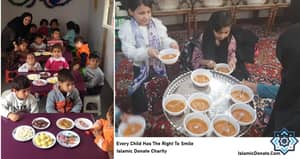 Children receiving food donations, Islamic Donate Charity, direct crypto gifting via blockchain like Litecoin.