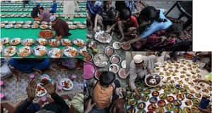 People distributing food plates to children and adults in need, highlighting Kaffarah for breaking Ramadan fast, facilitated by crypto donations like ETH.