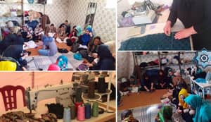 Women participating in a sewing workshop, learning skills for economic empowerment, supported by crypto donations via ETH.