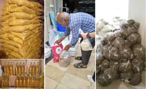 Donation of food supplies, flour bags, and cooking oil for Gaza, supported by crypto donations via USDC.