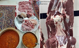Aqiqah Qurbani meat and stews prepared for donation, with a side view of a large cut of raw beef, symbolizing gratitude and compassion, facilitated by Bitcoin donations.
