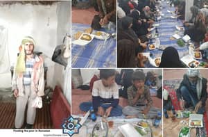 Feeding the poor in Ramadan with crypto donations via BNB, showing families breaking fast, a man in need, and children eating meals, fulfilling fidya obligations.