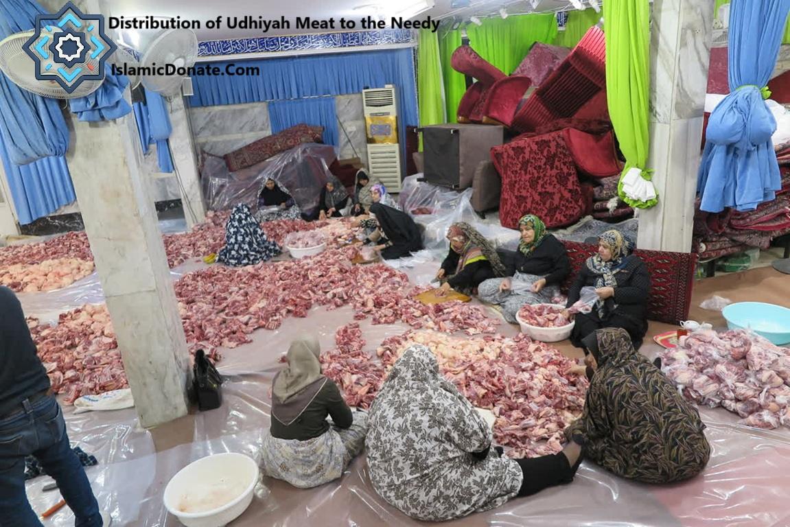 Qurbani meat distribution funded by Monero crypto donations for Distribution of Udhiyah Meat to the Needy in a community hall.