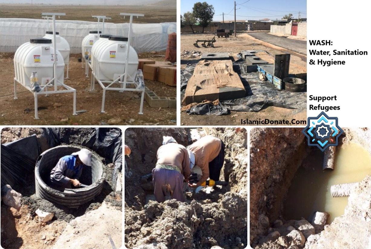 Support refugees with WASH facility construction using cryptocurrency donations like BTC. Image shows water tanks and people working on sanitation infrastructure.