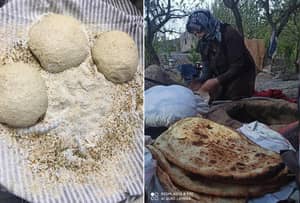 Dough balls ready for baking and a woman baking bread, symbolizing aid for women in crisis, supported by crypto donations such as BTC.