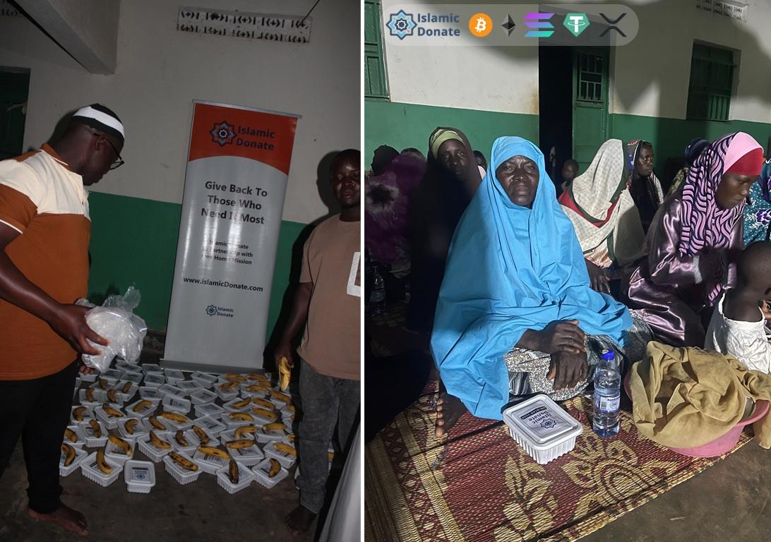 Volunteers provide food packages for fasting Muslims, support charity with cryptocurrency.