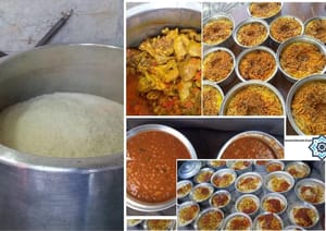 Large pot of rice, chicken stew, and multiple servings of pilaf donated via cryptocurrency, like DAI, to feed the needy.