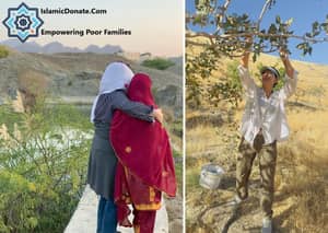 Two women embracing amid dry landscape, a person harvesting in a field, with text 'Empowering Poor Families' and 'IslamicDonate.Com' visible. Supports planting fig trees for sustainability, with donations made via XRP.