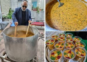 Man stirring large pot of soup, with individual servings of food in cups. Crypto donations provide Iftar meals, fostering generosity and compassion in the Muslim community, with aid delivered via Bitcoin.