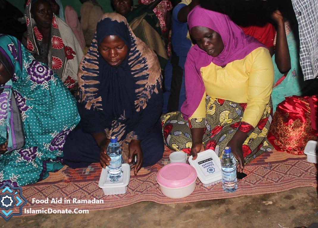 Pay Kaffarah Online and feed needy women with XRP. Food Aid in Ramadan text shown as hungry families receive charity meals.
