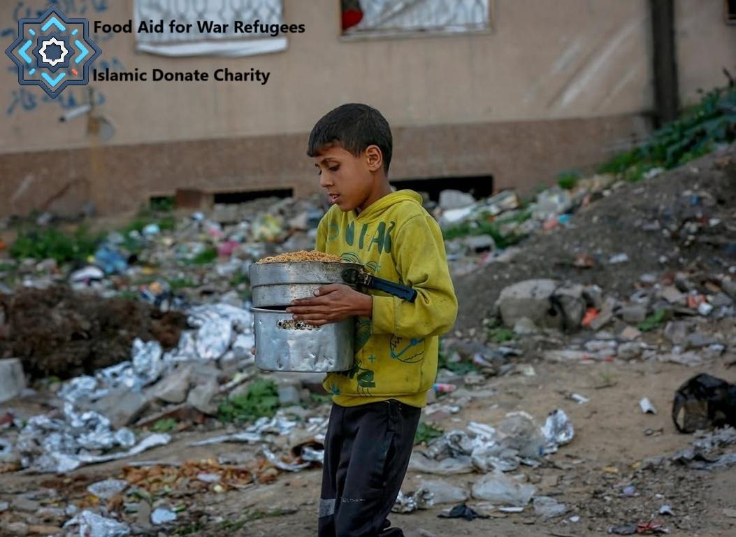 Child carries meal pots in debris near Gaza rubble. Sponsor an orphan with USDT to provide food aid for war refugees.