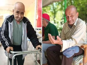 Elderly man with walker and seated elderly man in outdoor settingrepresenting support for the elderly and disabled with crypto donationfeaturing SOL.