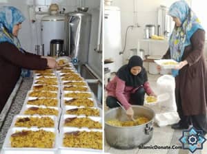 Women preparing and distributing food, symbolizing crypto zakat donations. This act of kindness aids the needy, with a focus on distributing sustenance as part of Islamic charity, potentially supported by Solana.