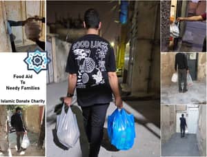 Person delivering food aid to needy families, with donations handled via RLUSD.