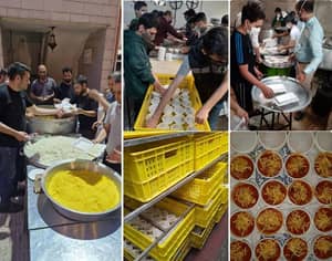 People preparing and distributing food packages, possibly for Ramadan fidya donations, with an emphasis on crypto aid supporting the Muslim community through Ripple donations.