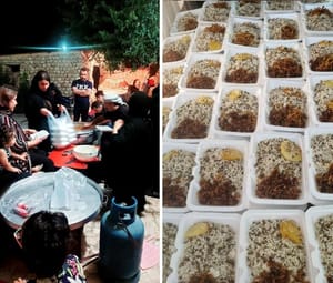 People gathered around a table for a meal, with rows of prepared food containers in the background. Paying kaffarah with cryptocurrency offers spiritual purification and sustenance for the needy, facilitated by Islamic Donate Charity. Donation via AVAX.