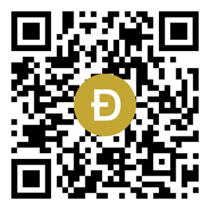 QR code with a gold circle containing the Dogecoin logo, anonymous crypto donations for Islamic relief. Islamic Donate Charity.