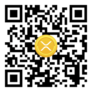 A QR code with a gold coin featuring the Ripple (XRP) logo overlaid. secure and anonymous giving via XRP.