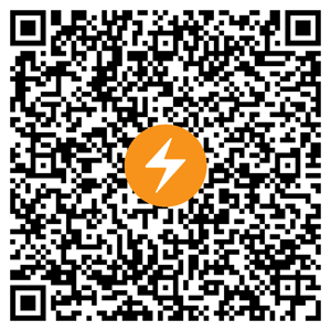 Lightning Bitcoin QR code with an orange circle containing a white lightning bolt logo, fast crypto donations. Supports BTC for Zakat and Sadaqah.