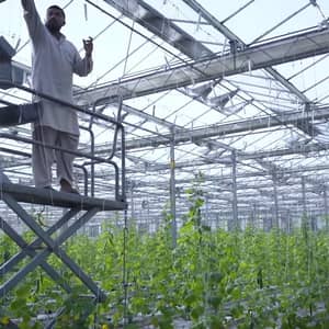 Man on lift tending hydroponic greenhouse crops, showcasing crypto donation impact on six families and women empowerment.