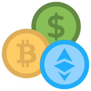 Three cryptocurrency coins: Bitcoin (BTC), Ethereum (ETH), and a dollar coin, representing digital currency donations and financial aid.