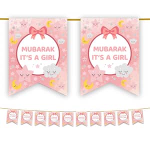 Pink banner with text Mubarak It's a Girl and cute stars, moons, and clouds, suitable for celebrating a new baby girl, with crypto donations supported by USDT.