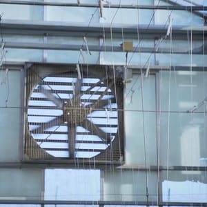 Hydroponic greenhouse with a large fan for ventilation, showing strings for plant support, powered by crypto donations through Islamic charity, fostering family resilience.