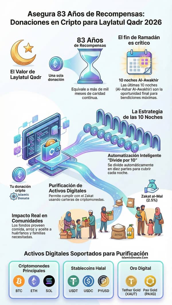 Illustration of crypto donations purifying digital assets to secure 83 years of rewards for Laylatul Qadr, featuring a wallet with BTC and a flow to hourglass and communities. Includes ETH ticker.