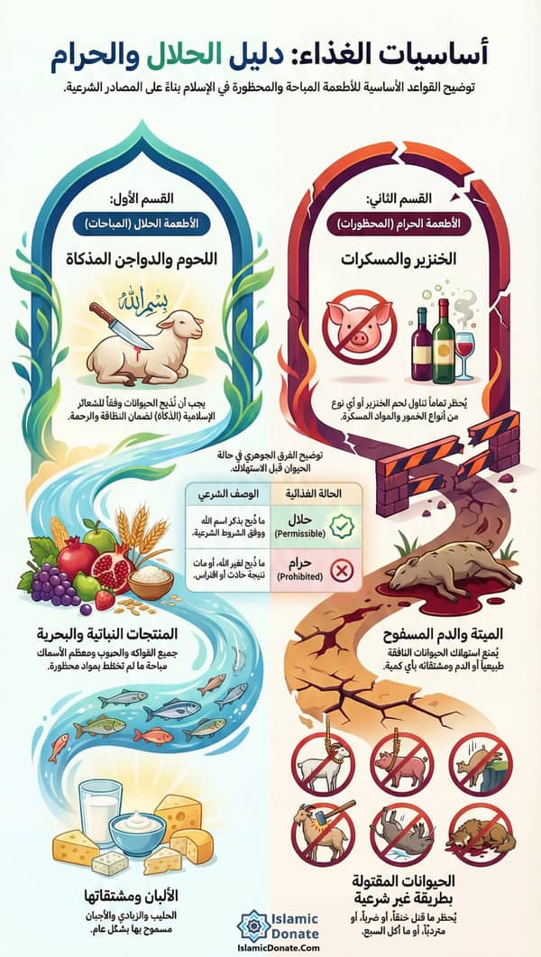 Infographic detailing Islamic dietary laws: Halal (permissible) foods include dhabiha meat, most seafood, produce, grains, and dairy. Haram (prohibited) foods include pork, alcohol, improperly slaughtered animals, blood, and carrion. Accepts cryptocurrency donations like ETH.