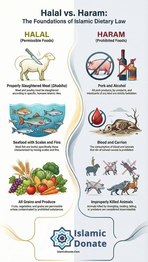 Halal vs. Haram: Islamic Dietary Law basics. Permissible foods (halal) include properly slaughtered meat, seafood with scales, and produce. Prohibited foods (haram) include pork, alcohol, blood, carrion, and improperly killed animals. Islamic Donate Charity.