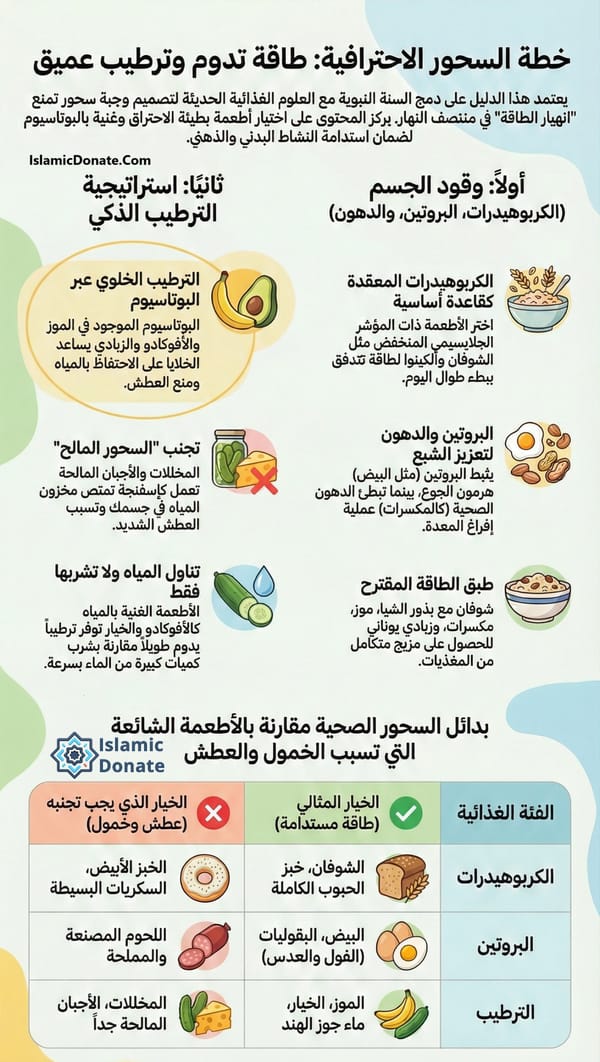 يقدم هذا الرسم البياني تفاصيل خطة وجبة السحور لضمان الطاقة والترطيب المستمرين، مع تسليط الضوء على الكربوهيدرات المعقدة والبروتينات والدهون الصحية والأطعمة الغنية بالبوتاسيوم مثل الموز والأفوكادو، بالإضافة إلى مقارنة بين الأطعمة الموصى بها والأطعمة التي يجب تجنبها.