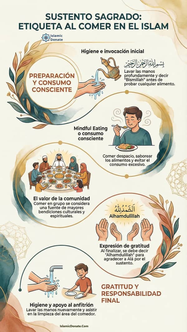 Guía ilustrada sobre la etiqueta islámica al comer, que abarca la preparación previa a la comida, la alimentación consciente, las comidas en comunidad y la gratitud y la limpieza posteriores a la comida. Incluye la opción de donación mediante criptomonedas (USDT).