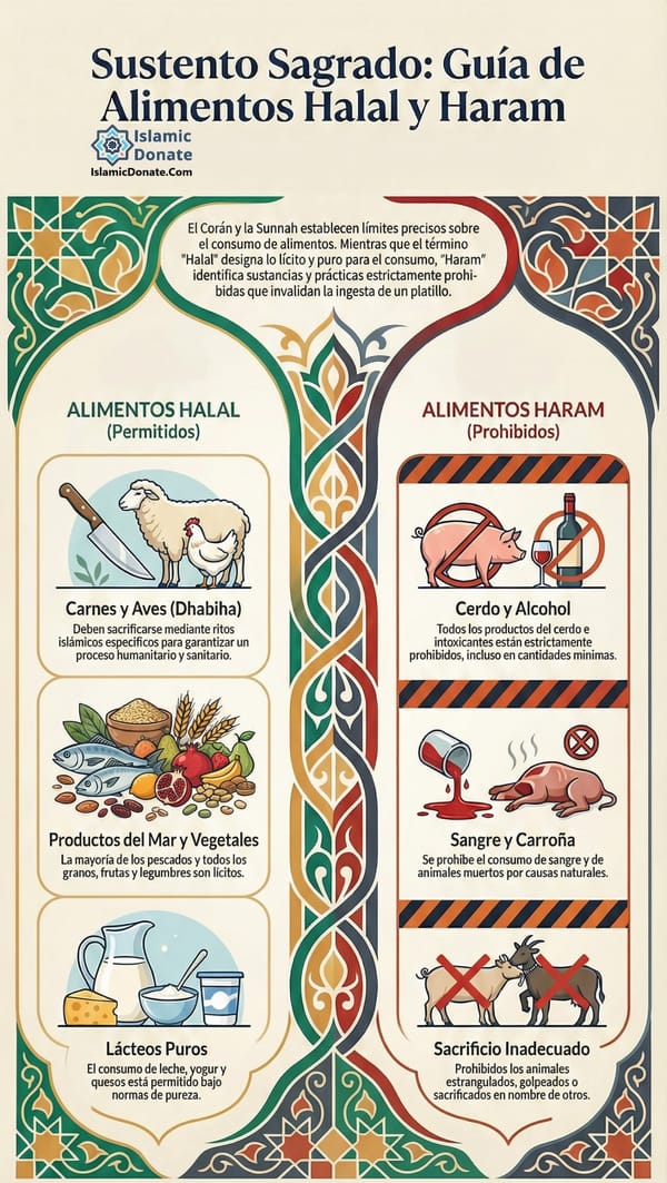 Infografía que detalla las leyes dietéticas islámicas: Los alimentos Halal (permitidos) incluyen carne sacrificada según el rito islámico (dhabiha), la mayoría de los mariscos, frutas y verduras, cereales y productos lácteos. Los alimentos Haram (prohibidos) incluyen la carne de cerdo, el alcohol, los animales sacrificados incorrectamente, la sangre y la carroña. Se aceptan donaciones en criptomonedas como ETH.