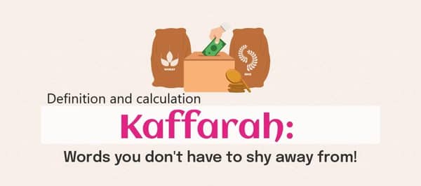 Kaffarah donation using cryptocurrency like ETH, includes bags of wheat and rice for charity, and a donation box with money.
