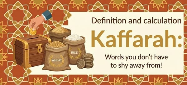 Illustration of a hand placing a coin into a donation box next to sacks of wheat and rice, representing Kaffarah and charitable giving. Main keyword: Kaffarah. Ticker: TRX.