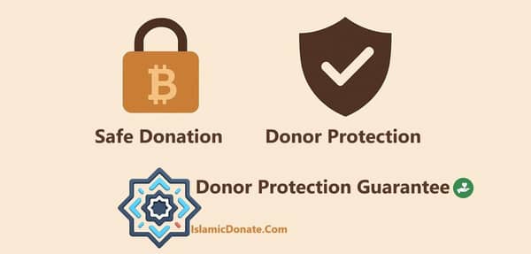 Donor Protection Guarantee: Safe donation with Bitcoin, donor protection with shield icon, secure crypto giving, fraud prevention in fundraising.