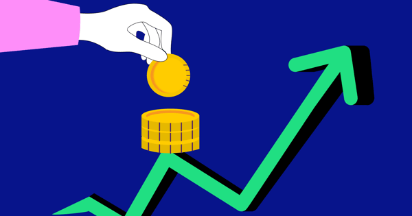 A hand places a gold coin onto a stack, symbolizing Islamic investing and increasing cryptocurrency assets with ETH, as an upward-trending green arrow indicates growth.