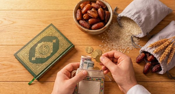 Khums collection featuring a Quran, dates, rice, coins, and banknotes being placed in a pouch. Donation for needy Sayyids, scholars, orphans, widows, and faith defense. Supports Hawza, poverty relief, and preservation of faith via crypto like USDT.
