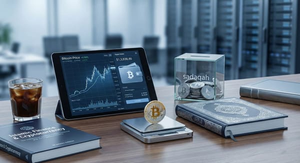 Sadaqah donation box with Bitcoin and Ethereum coins, tablet showing Bitcoin price chart, and Islamic finance book. Donate crypto.