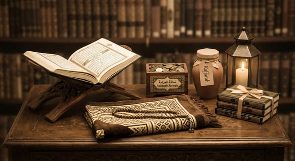 Islamic prayer items with Quran, prayer mat, rosary, donation box, Kaffarah jar, and books on behalf of the deceased, symbolizing Islamic charity and paying spiritual debts with USDT.