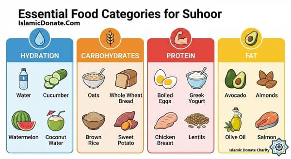 Essential food categories for Suhoor: Hydration (Water, Cucumber, Watermelon, Coconut Water), Carbohydrates (Oats, Whole Wheat Bread, Brown Rice, Sweet Potato), Protein (Boiled Eggs, Greek Yogurt, Chicken Breast, Lentils), and Fat (Avocado, Almonds, Olive Oil, Salmon) for sustained energy and hydration.