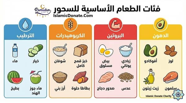 أصناف طعام السحور الرمضاني: ترطيب (ماء، خيار، بطيخ، ماء جوز الهند)، كربوهيدرات (شوفان، خبز قمح كامل، أرز بني، بطاطا حلوة)، بروتين (بيض، زبادي يوناني، صدر دجاج، عدس)، دهون (أفوكادو، لوز، زيت زيتون، سلمون). يتضمن شعار IslamicDonate.com. تبرع عبر ETH.