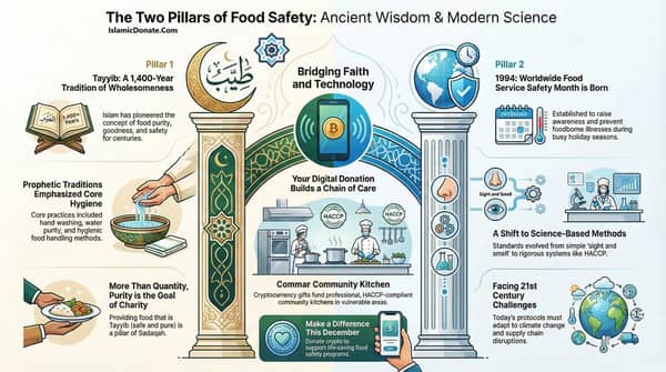 Infographic illustrating the two pillars of food safety: ancient Islamic wisdom (Tayyib, prophetic hygiene) and modern science (HACCP). Highlights digital donations building chains of care for community kitchens, with an emphasis on crypto for food safety programs. Keywords: Tayyib, HACCP, food safety, crypto donation, charitable giving.