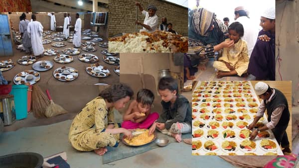 Groups of people preparing and sharing iftar meals, showcasing crypto kindness impacting global communities. ETH-supported Ramadan charity feeds the needy, embodying faith and generosity.