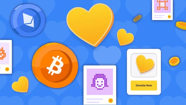 Dollar coins with Bitcoin and Ethereum logos and heart icons symbolize crypto donations for charitable causes, facilitating Zakat and Sadaqah. The image also displays pixelated profile icons, suggesting online giving and GameFi impacts, with ETH used for secure transactions.
